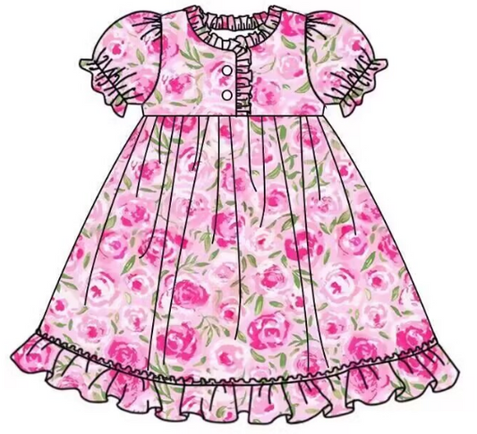 Girls flower pink short-sleeved dress