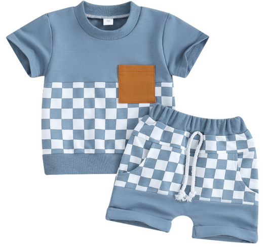 Checkered short sleeve blue shorts suit for boys