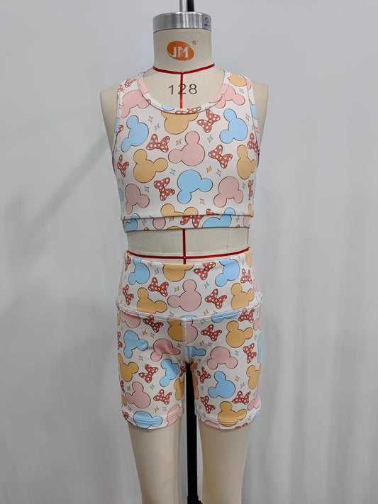 GT0515+ SS0212 Cartoon bow sleeveless top and shorts yoga suit for girls