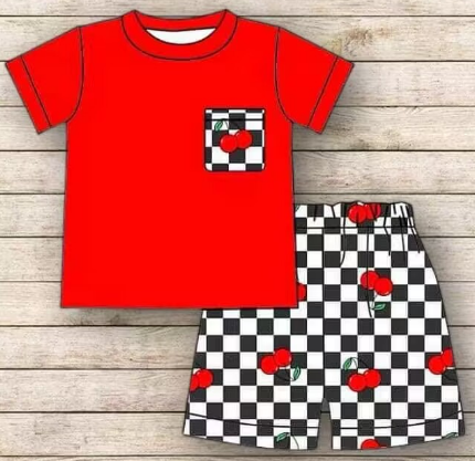 Boys red pocket short-sleeved top black and white checked shorts suit
