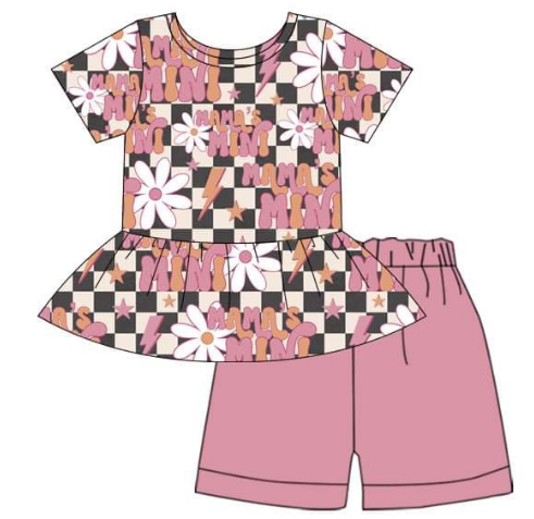 Checkered short sleeve pink shorts for girls