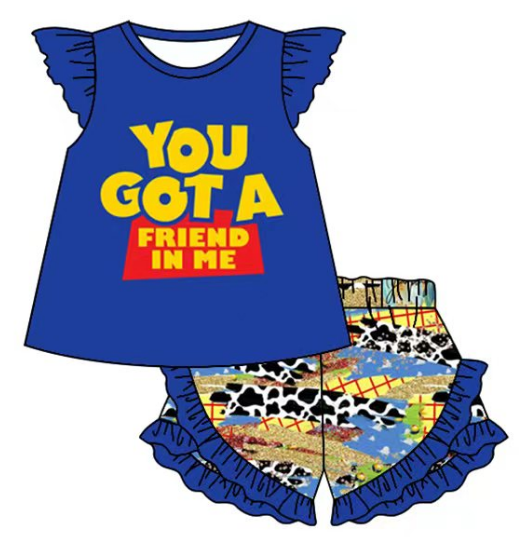 Blue short-sleeved shorts lace suit for girls