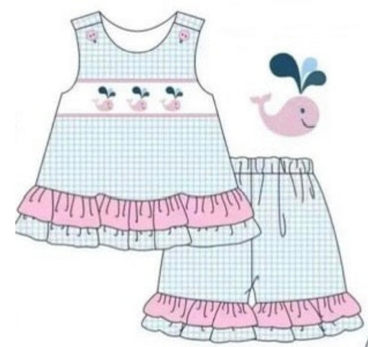 Girls Whale Sleeveless Plaid Short Sleeve Shorts with Lace Outfit