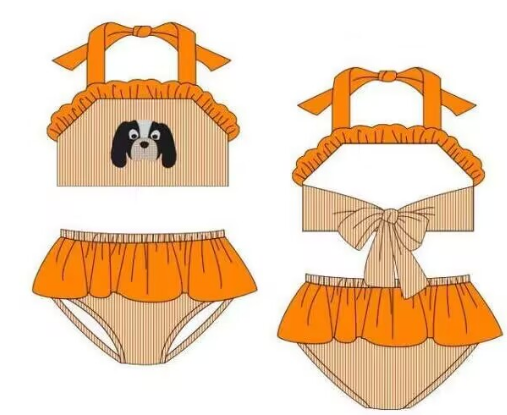 Girls' two-piece orange striped lace swimsuit