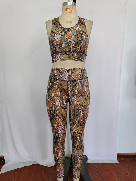 GSPO1461 Adult women's brown green camouflage sleeveless pants yoga suit