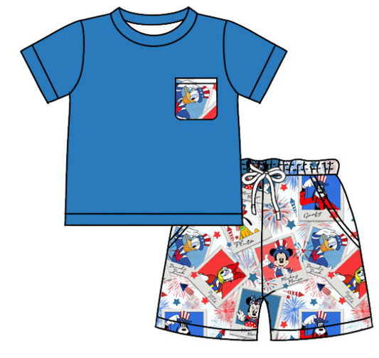 July 4th Boys cartoon fireworks blue short sleeve shorts pocket set