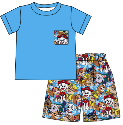 Boy cartoon dog blue short-sleeved shorts set