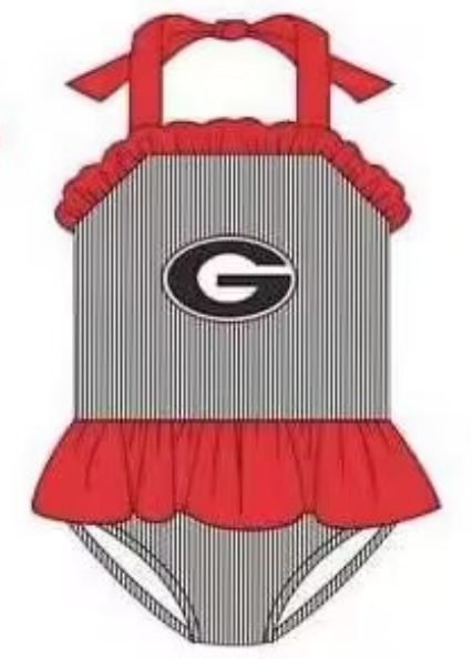 Girls Striped Red Lace One-Piece Swimsuit