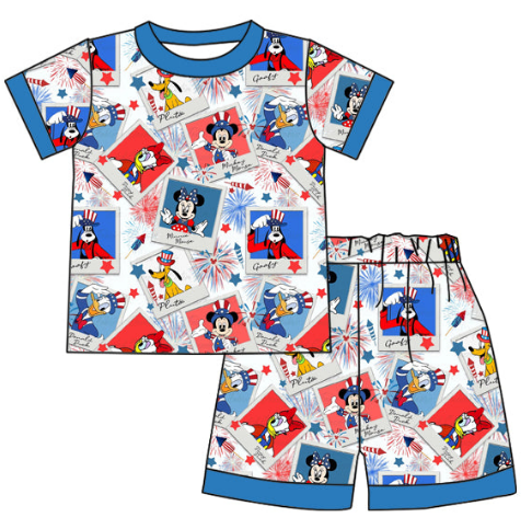 Boys July 4th cartoon fireworks blue short-sleeved shorts set