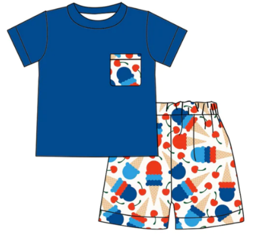 Boys dark blue pocket ice cream short sleeve shorts suit