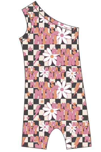 Checkered short-sleeved one-shoulder onesie for girls