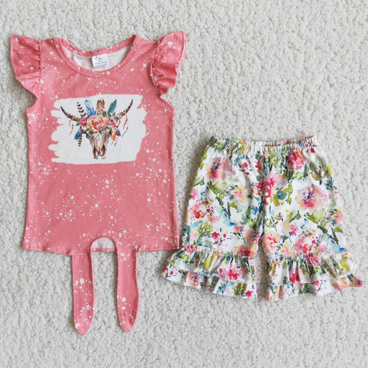 B16-1 Flower bull head pink flying sleeve shorts set