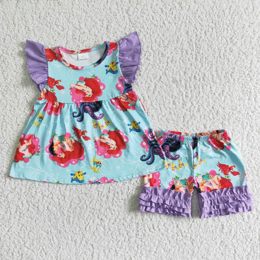 B16-21 Girls cartoon purple little flying sleeve lace short sleeve shorts set