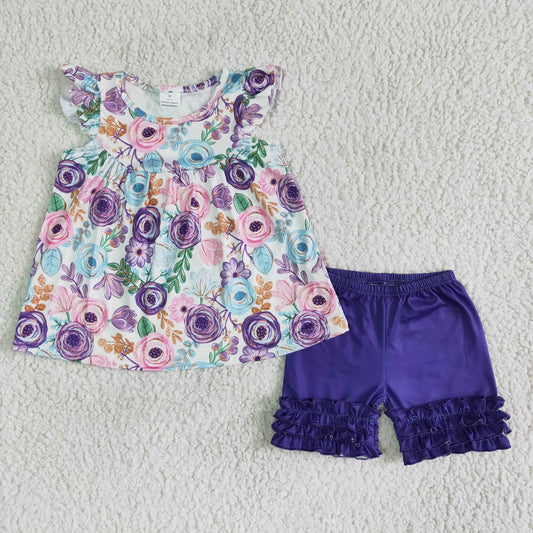 B17-27 Girls flower fly sleeve short sleeve shorts with purple lace