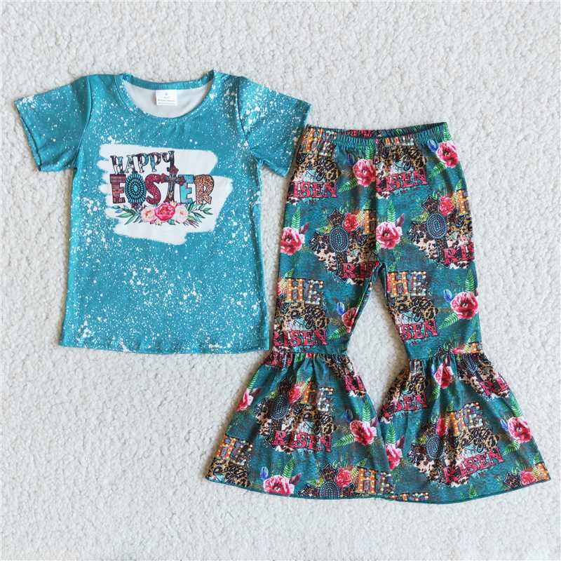 B2-12 Easter blue short sleeve flower flare suit