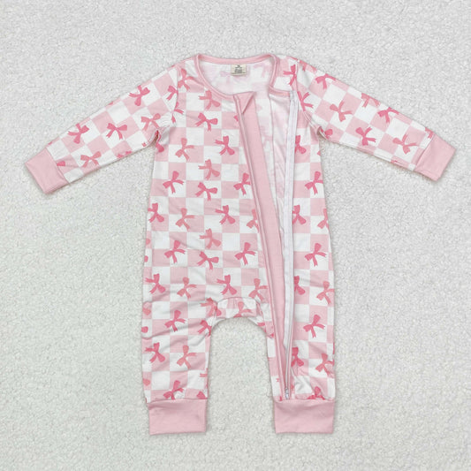 LR1607 Baby Infant Girls Pink Checkered Bows Bamboo Zip Romper