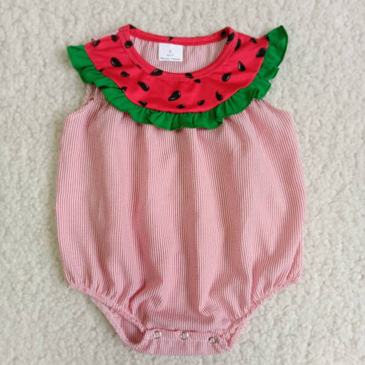 B5-11 Girls woven watermelon red striped crawling suit