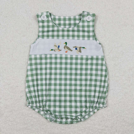 SR1066 Embroidered duck light green white plaid vest jumpsuit