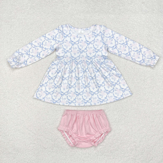 GBO0426 Baby Girls Blue Bows Flowers Tunic Bummie Clothes Set