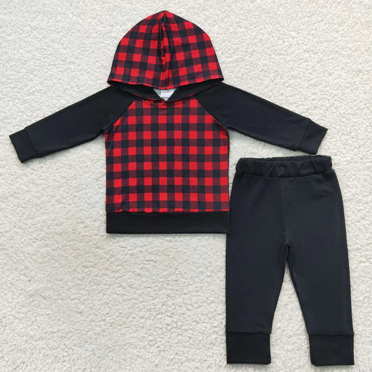 BLP0224 Baby Boys Christmas Checkered Hoodie Pants Clothes Sets