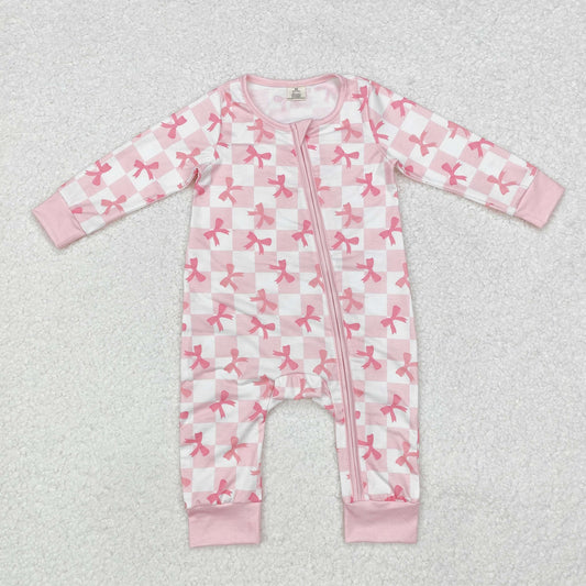 LR1607 Baby Infant Girls Pink Checkered Bows Bamboo Zip Romper