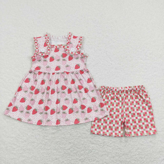 GSSO0499 Strawberry sleeveless top Red and green plaid shorts set