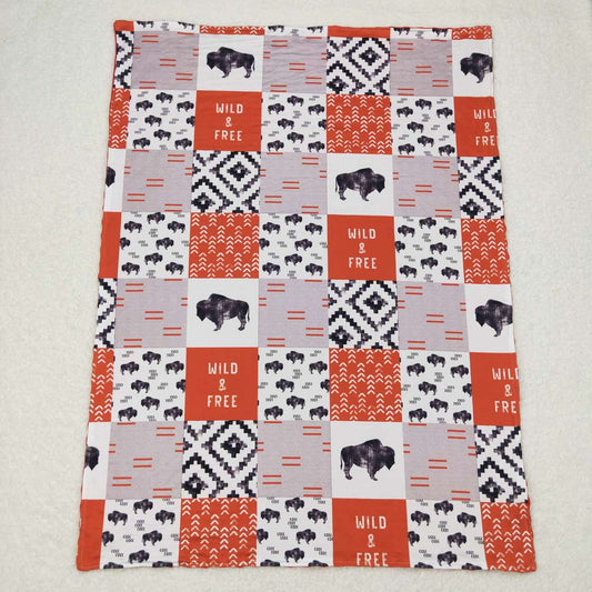 BL0072 Cow alphabet geometric pattern Orange gray checkered baby blanket