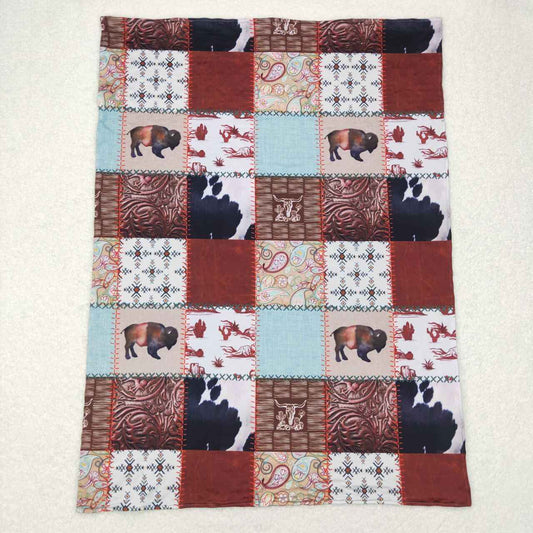 BL0080 cow head geometric pattern blue and brown plaid baby blanket