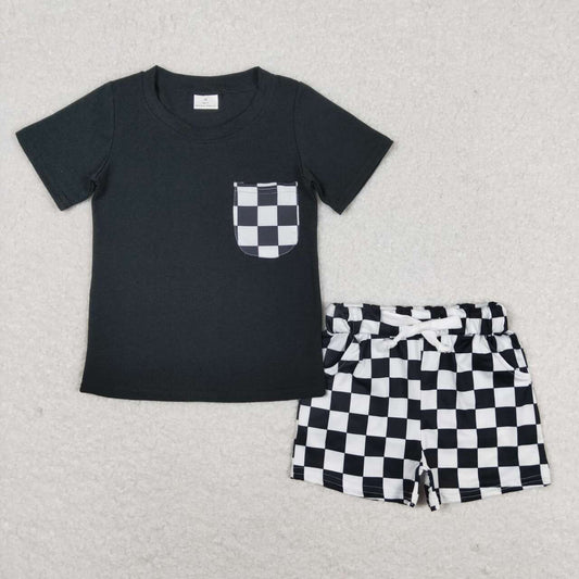 BT0660+ SS0273 Black and white checkered pocket short-sleeved shorts suit