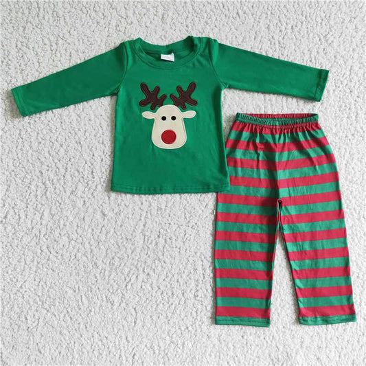 BLP0008 Boys Christmas embroidered deer green long sleeve pants