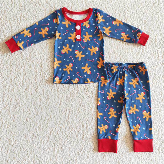 BLP0134 Boys Christmas Gingerbread Man Tibetan blue long sleeve pants suit