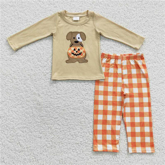 BLP0170 Boy Embroidered puppy jack-o '-lantern plaid Beige Halloween