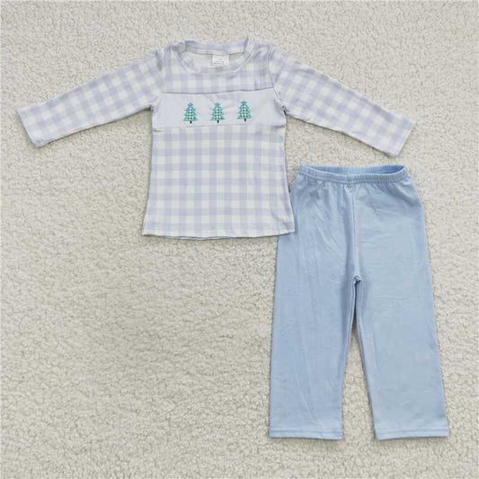 BLP0178 embroidered Christmas tree plaid blue long sleeve trousers suit and jumpsuit
