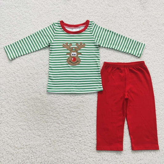 BLP0180 Boys Embroidered Elk Green Striped Christmas long sleeve