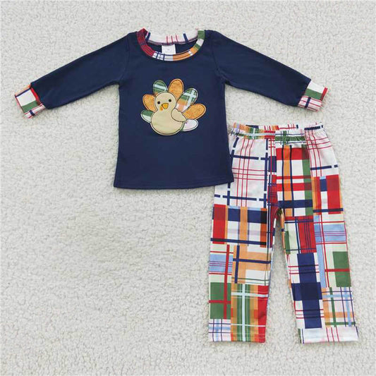 BLP0191 Embroidered Turkey plaid pattern navy blue long sleeve pants