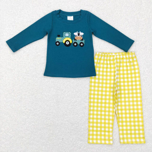 BLP0196 Embroidery Cow Tractor Yellow Plaid Green Long Sleeve Pants Suit