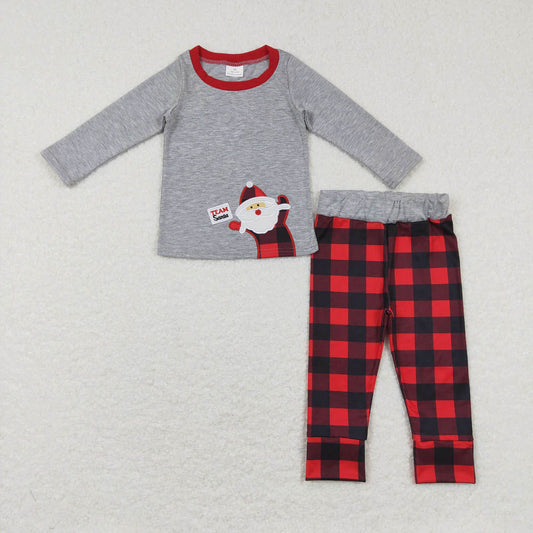 BLP0334 Embroidery Santa Claus Gray Long Sleeve Red and Black Plaid