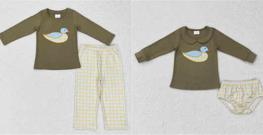 BLP0335 Embroidery Duck Green Long Sleeve Blue Plaid Pants Suit