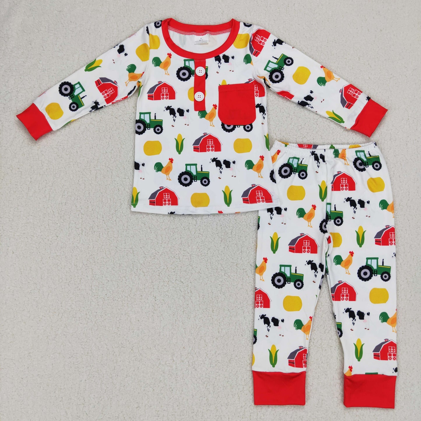 BLP0340 Baby Boys Fall Farm Red Top Pants Long Sleeve Pajamas Clothes Set