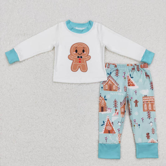 BLP0346 Boys Gingerbread Man Green and White Long Sleeve Pants Suit
