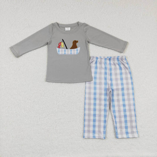 BLP0350 Embroidery Puppy Fishing Blue Plaid Long Sleeve Pants Suit