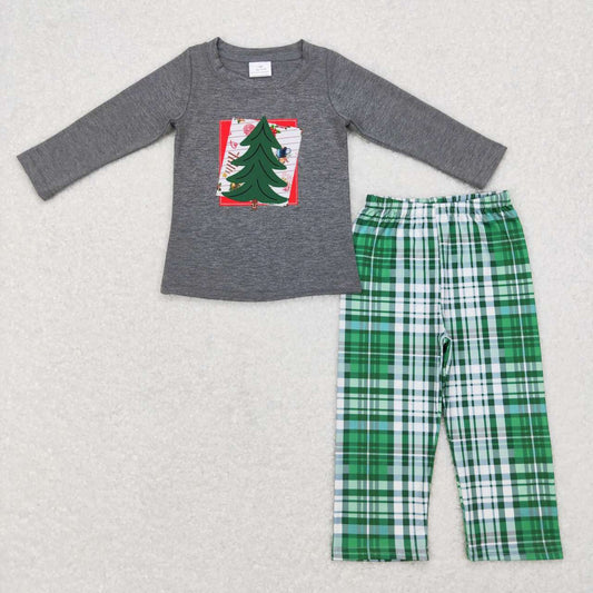 BLP0351 Embroidered Christmas Tree Gray Long sleeve green plaid pantsuit