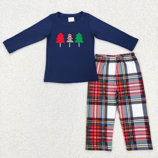 BLP0352 Embroidery Three Christmas Trees Navy Blue Long Sleeve Red Plaid Suit