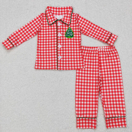 BLP0378 Embroidery Star Christmas Tree Red and White Plaid Long Sleeve Trousers 