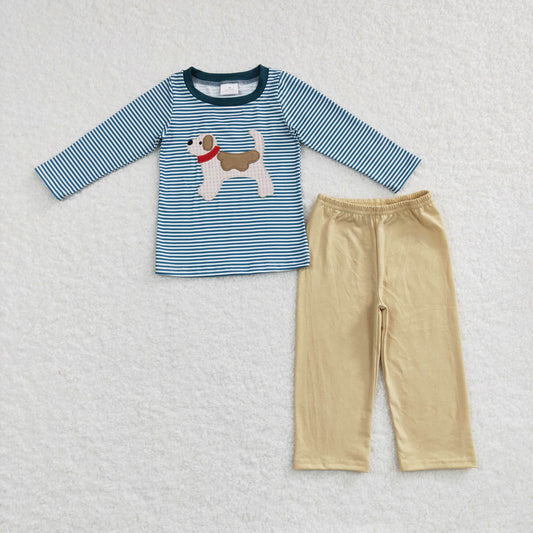 BLP0380 Embroidery Plaid Puppy Blue and White Striped Long Sleeve Beige Suit