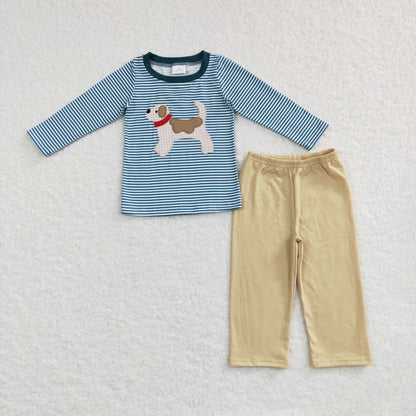 Sibling Embroidery Dogs Baby Boys Blue Stripe Shirt Pants Clothes Sets Footie Rompers C11.1
