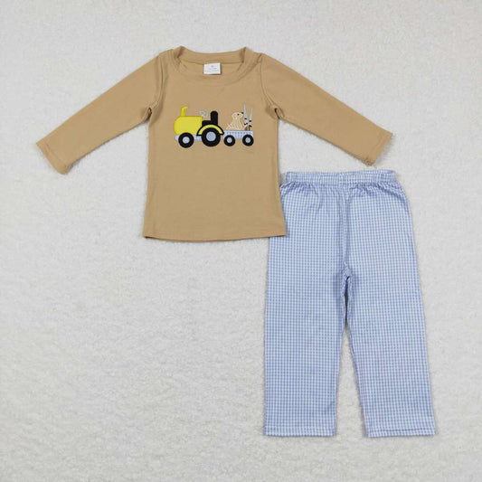 BLP0382 Embroidered Puppy truck Brown Long sleeve blue and white checkered pants suit