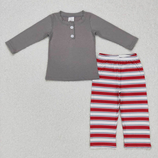 BLP0391 Gray long-sleeved top and red and white striped trousers suit