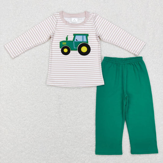 BLP0401 Embroidery truck tractor Beige striped long sleeve green pantsuit