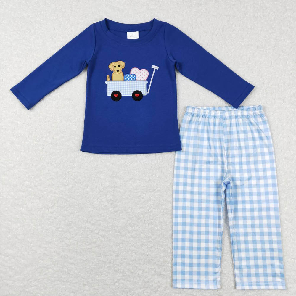 BLP0402 Embroidery Love Dog Sapphire Blue Long Sleeve Plaid Pants Suit